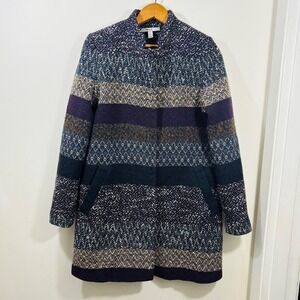 Zara Tweed Textured‎ Wool Stripe Multicolor Purple Blue Snap Up Coat Women Small